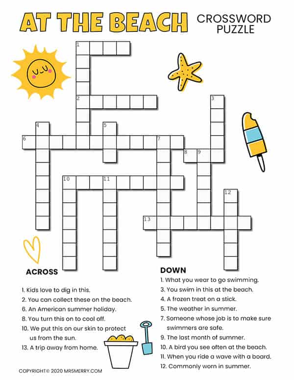 crossword puzzle for kids beach themed