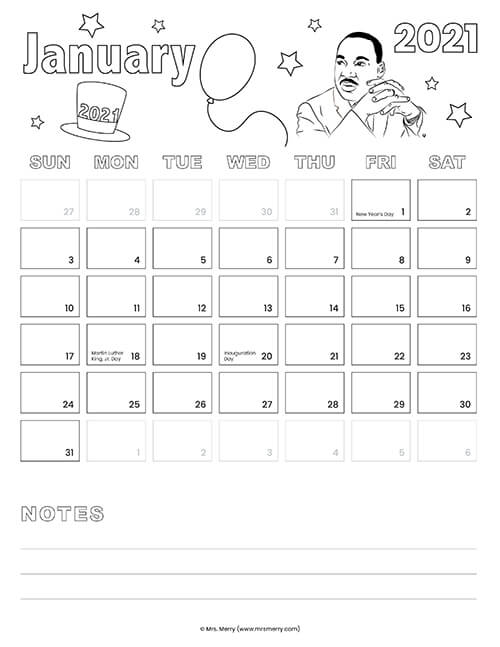 free january 2021 monthly calendar printable coloring