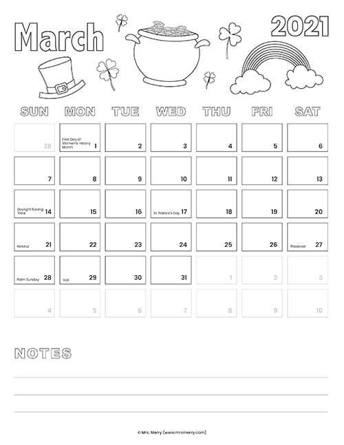 march 2021 coloring calendar for kids
