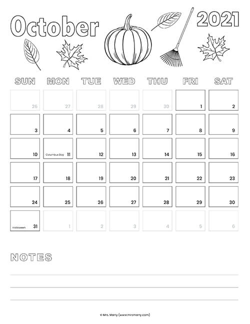free October 2021 printable calendar coloring page