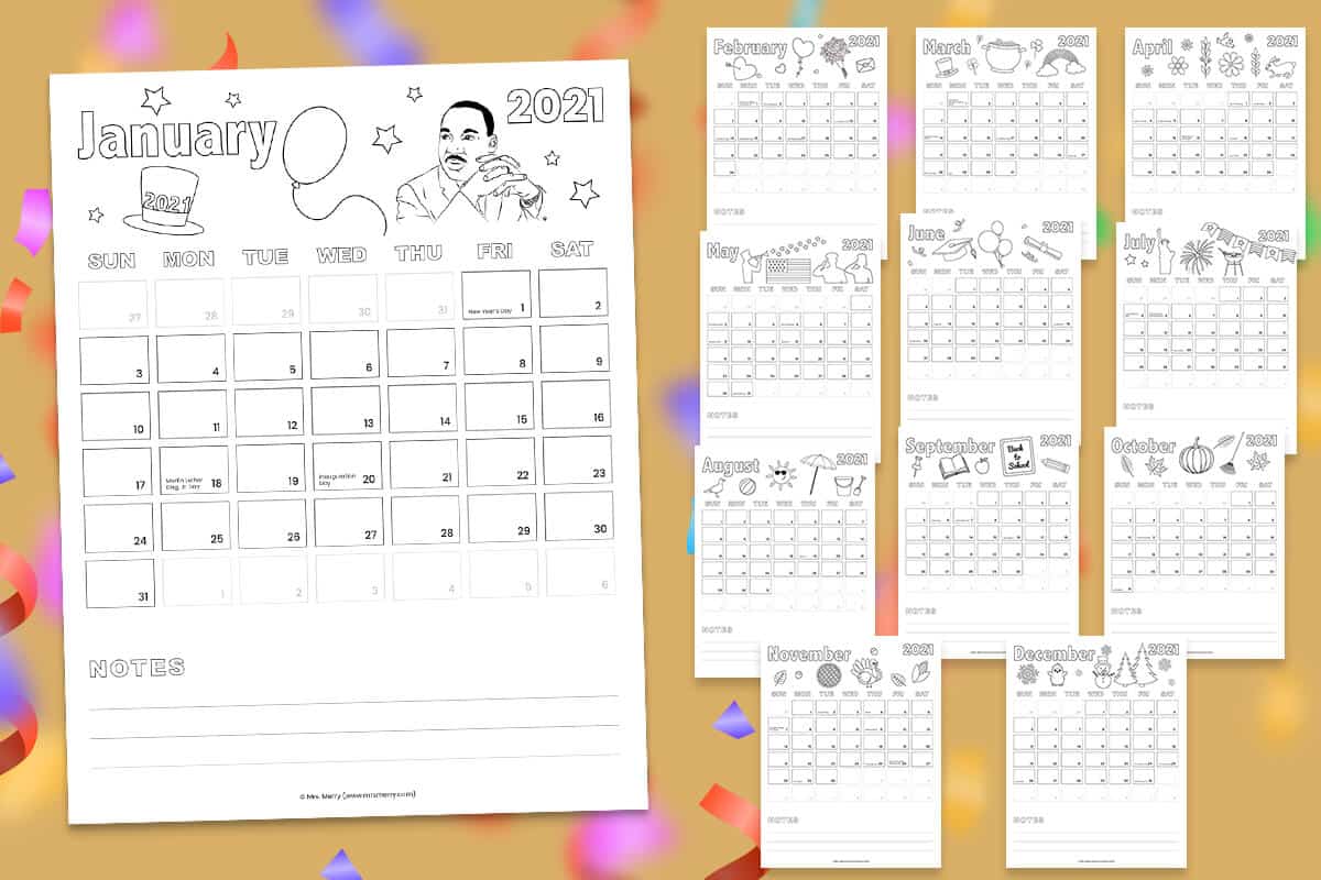 free printable coloring calendar for 2021