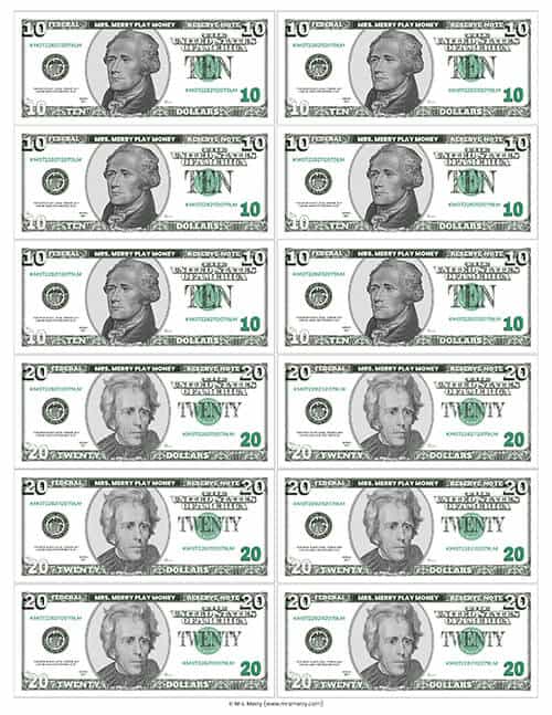 printable play money for classroom $20 bill $10 bill