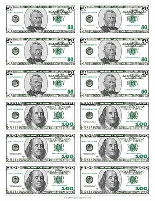 printable play money $100 bill $50 bill