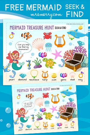 mermaid hidden objects worksheet for kids