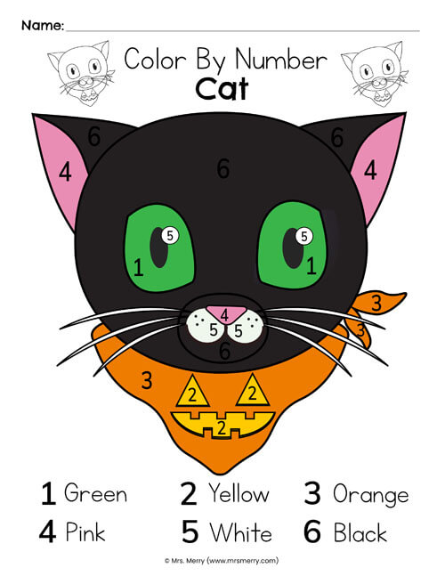 cat color by number hallowene worksheet