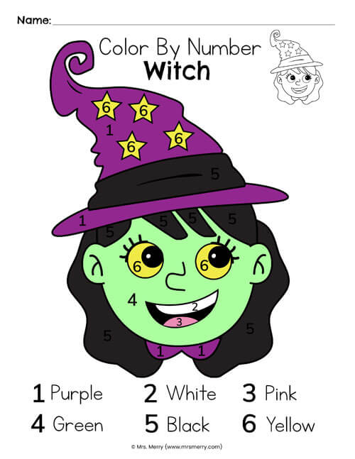 halloween color by number witch in color