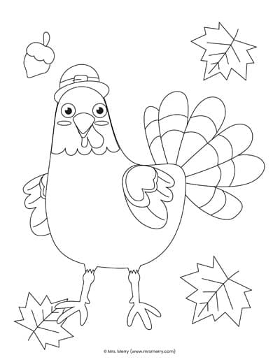 turkey with pilgrim hat coloring page with leaves