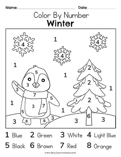 penguin color by number christmas printable