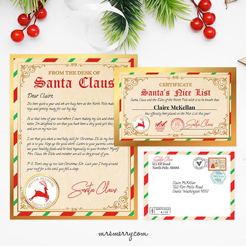Mail from Santa Claus, letter, certificate, envelope