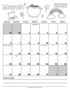 free march 2022 printable coloring page calendar