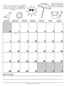 free august 2022 calendar coloring printable