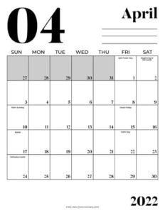 free april printable calendar 2022