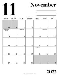 free november printable monthly calendar