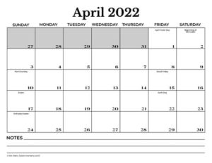 free april 2022 calendar with holidays printable