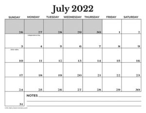 free july calendar 2022 printable