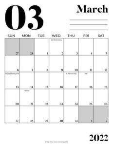 free march printable 2022 calendar