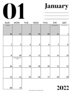 free january 2022 printable calendar
