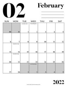 february printable calendar 2022