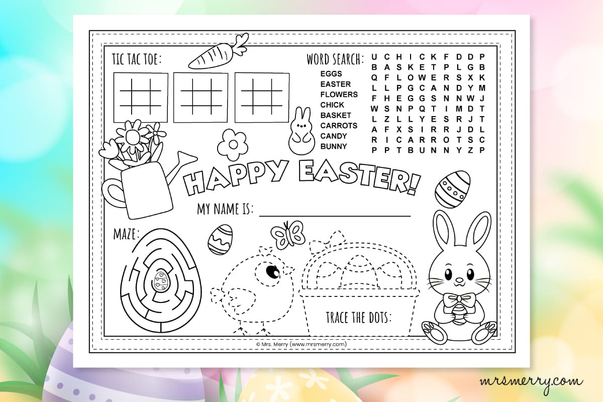 easter activities tic tac toe, maze, word search