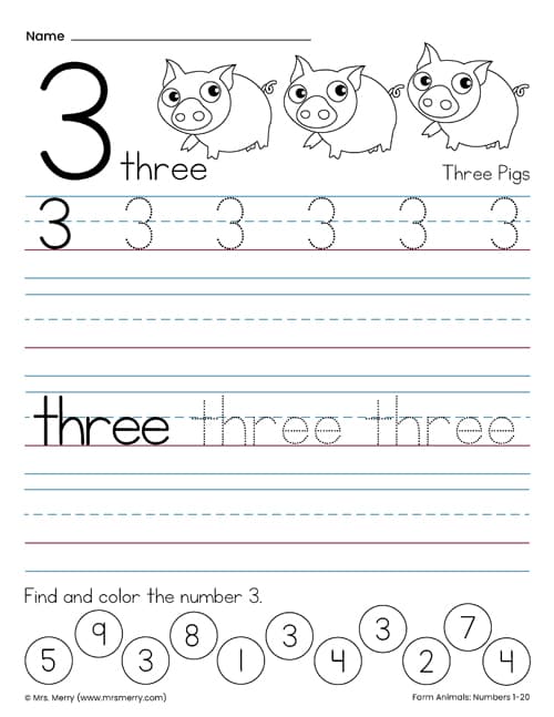 trace the number 3 for kindergarten