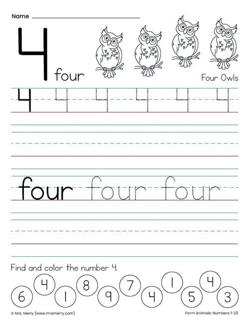 tracing the number 4 worksheet