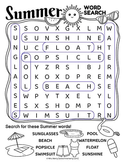 answer key for summer word search