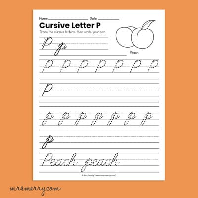 cursive writing practice letter p
