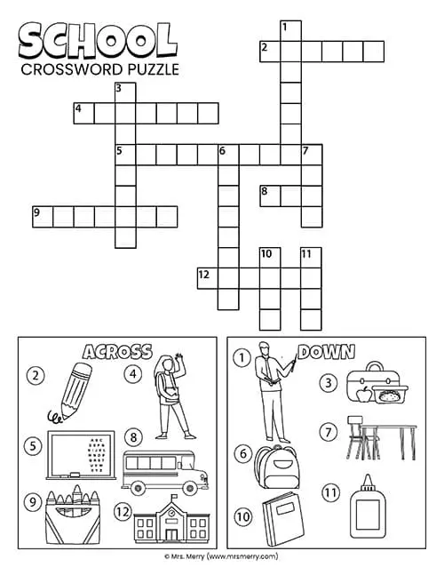 Free school crossword puzzle with picture clues | mrs. merry