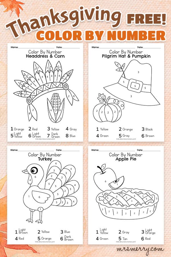 4 thanksgiving color by number worksheets