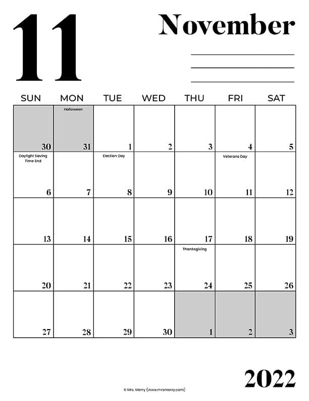 modern november monthly calendar with holidays