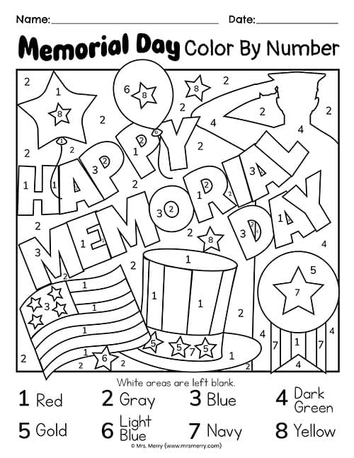 memorial day color by number pdf