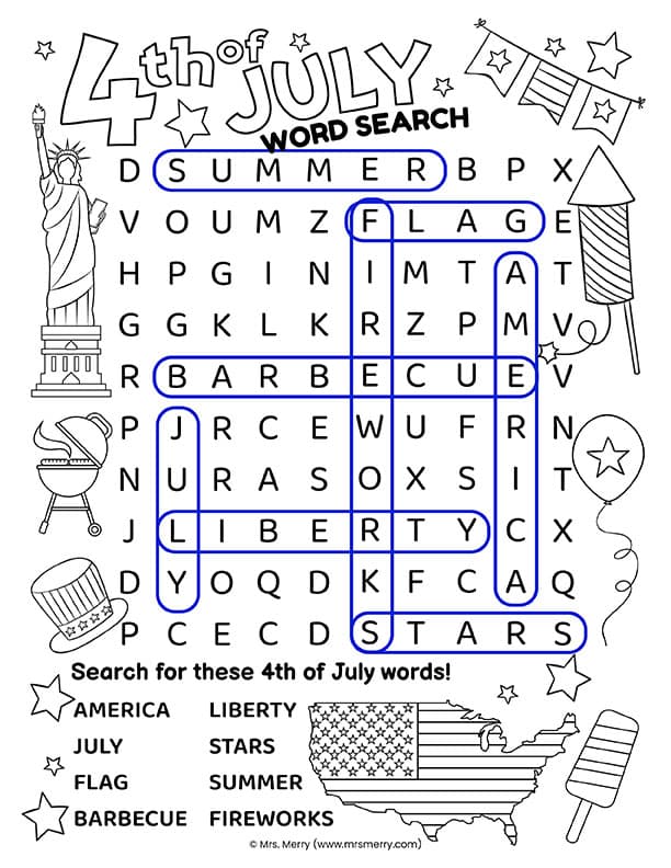 answer sheet for 4th of july word search