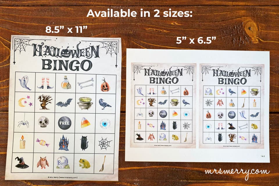 halloween printable bingo card sizes