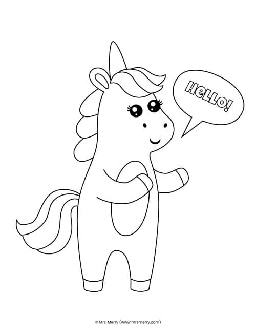 hello unicorn kawaii coloring page